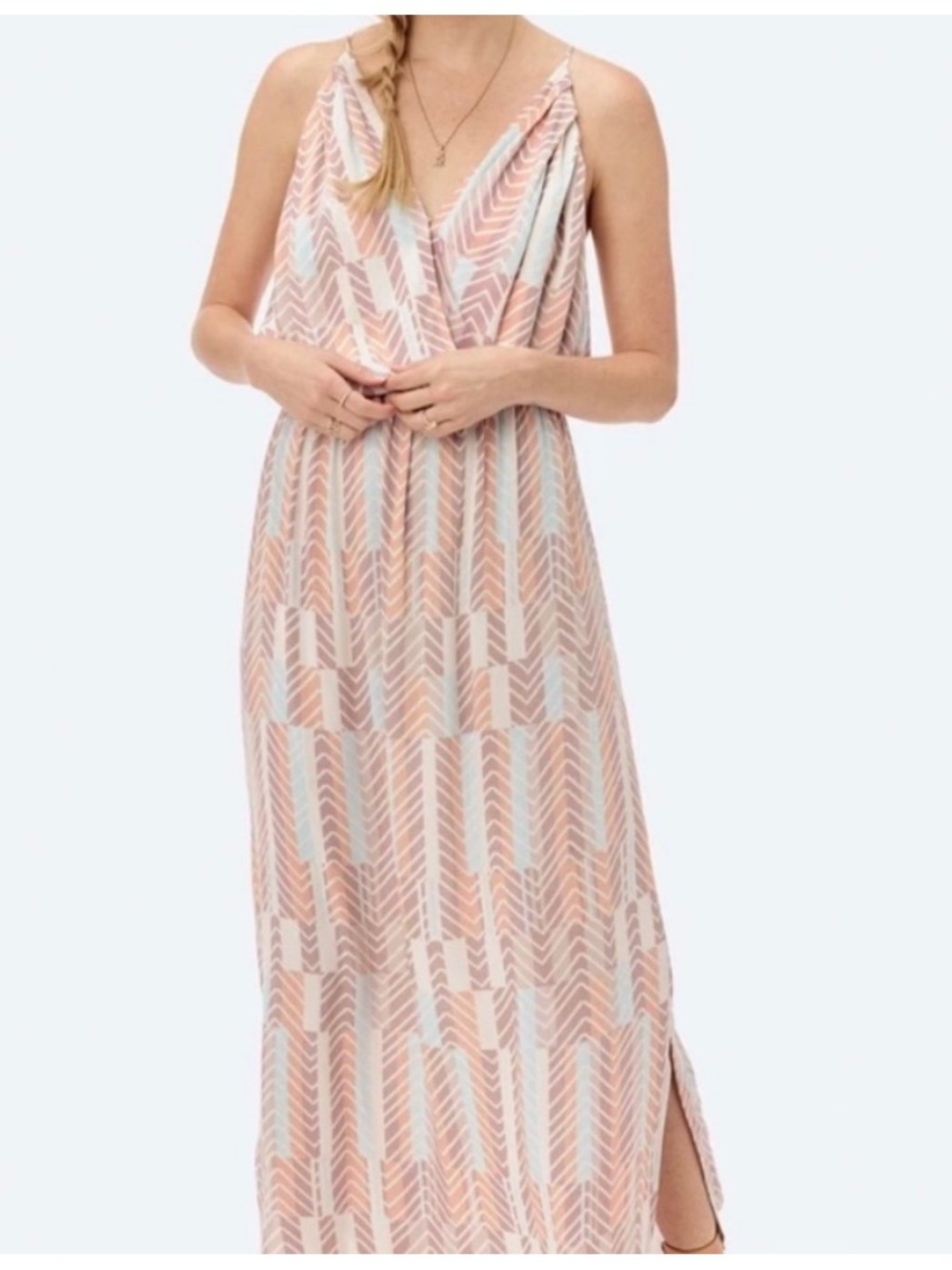Lovestitch Sleeveless V-Neck Striped Maxi Dress in Soft Pastels Medium